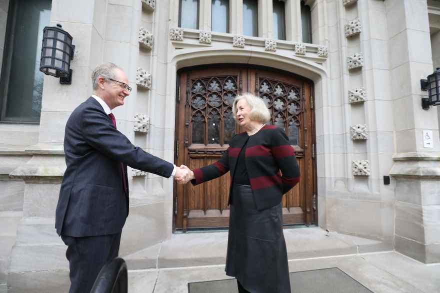 UChicago President Paul Alivisatos meets with the Division of the Humanities Dean Anne Walters Robertson to begin an Immersion Day in the Humanities.