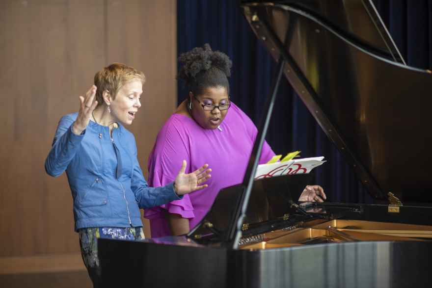 Augusta Read Thomas (left) and Nicole Paris (right) rehearse for the opera "Sweet Potato Kicks the Sun."