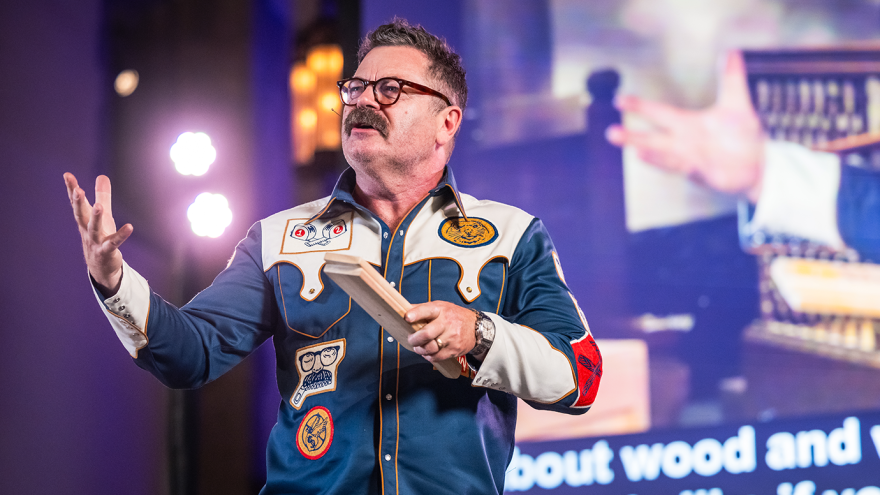 Actor Nick Offerman expounds on the joys of woodworking to a sold-out crowd at Rockefeller Memorial Chapel during UChicago's Arts & Humanities Day in partnership with Chicago Humanities Festival. Photo by David T Kindler/Chicago Humanities Festival
