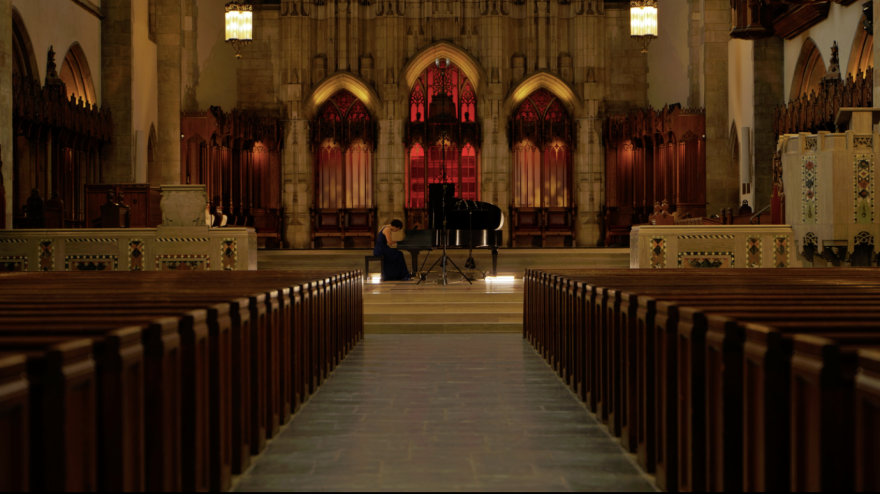 During the November premiere of the SOUND/SITES concert series, pianist and UChicago artist-in-residence Clare Longendyke played music from Schumann and Debussy in Rockefeller Memorial Chapel. Image courtesy of UChicago Presents