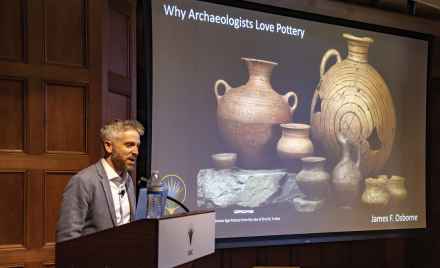 James F. Osborne, associate professor in the Department of Middle Eastern Studies, spoke on the love affair between archaeologists and pottery. (Photography by Joe Sterbenc)